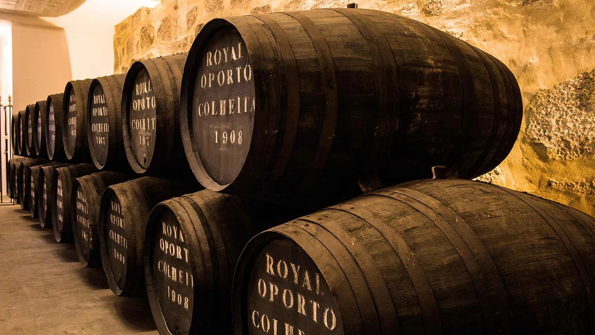Real Companhia Velha port wine cellar casks on a guided cellar tour in Vila Nova de Gaia near Porto, Portugal