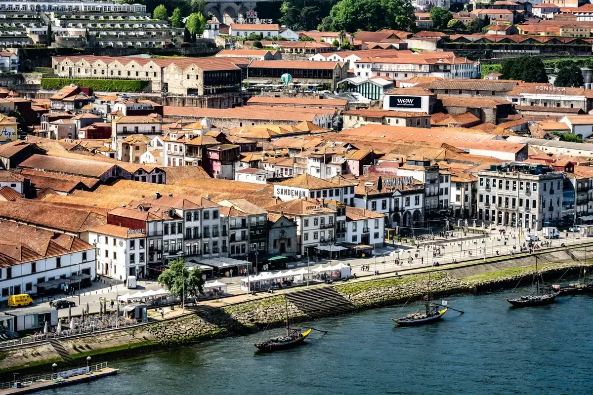 Aerial view of the Gaia riverfront port wine cellars across the Douro from Porto