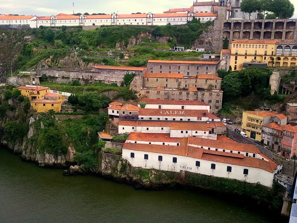 Aerial view of the Cálem port wine lodges on the Gaia bank, the setting for a port wine lodges walking tour in Porto