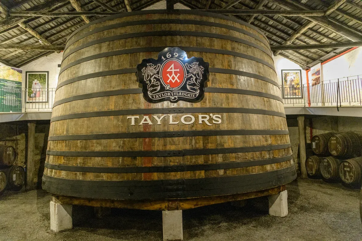 Giant Taylor's oak tun in the lodge visited on a Taylor's port cellar tour in Vila Nova de Gaia, Porto
